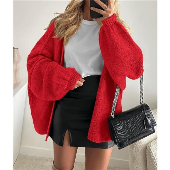 Womens Oversized Cardigan Sweaters Red - Picture 2 of 6